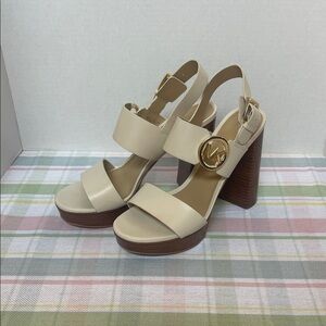 Michael Kors Cream Leather Platform Block Heel Sandals with Gold MK Accent